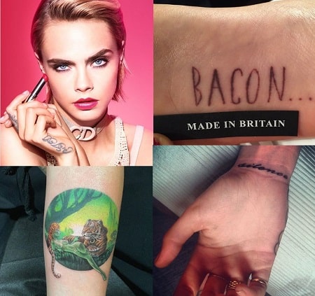 A picture of Cara Delivingne's tattoos.